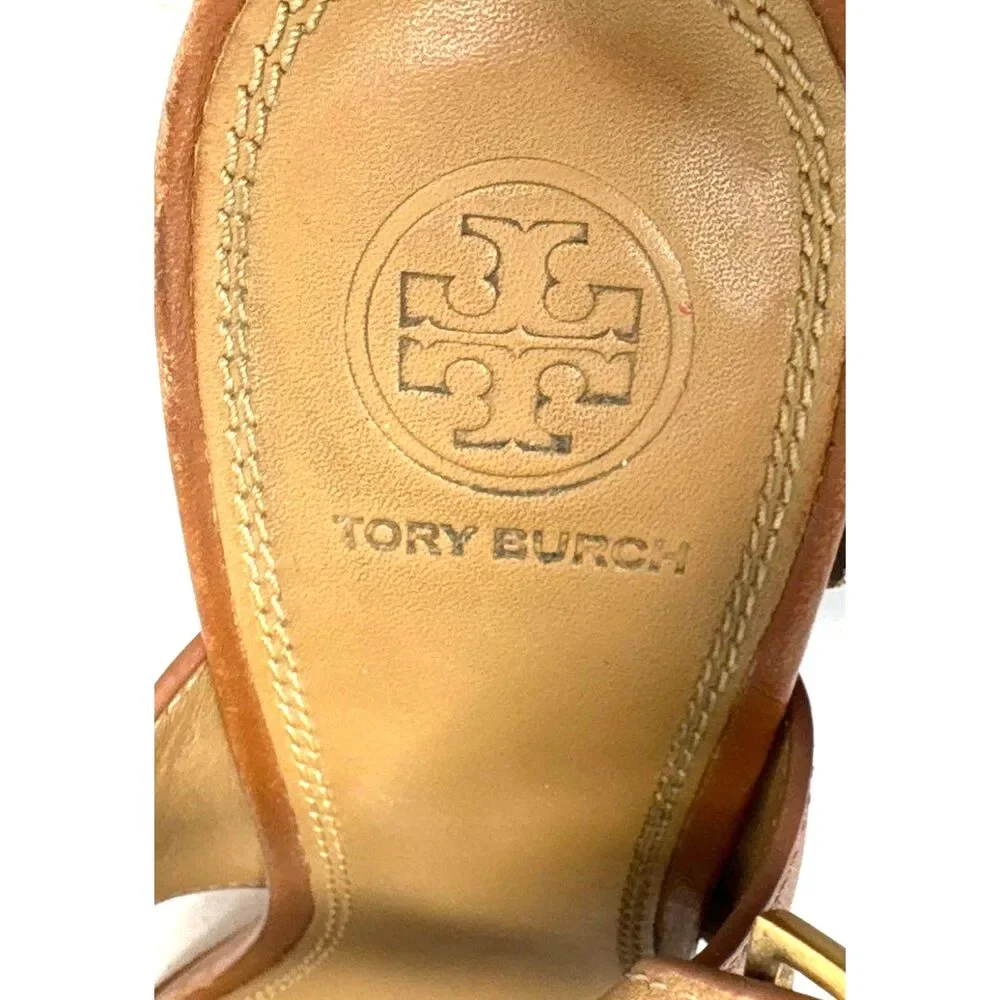 Tory Burch Tan Leather Everly Block Heel Slingback Sandals Size 7.5 Gold Logo